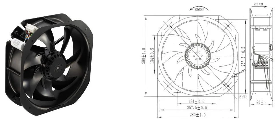 Dimension and detail drawing for the large-frame cabinet cooling fan