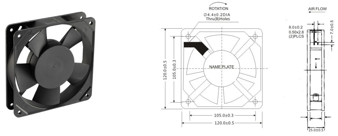 Detail and airflow curve for the high-speed AC cooling fan