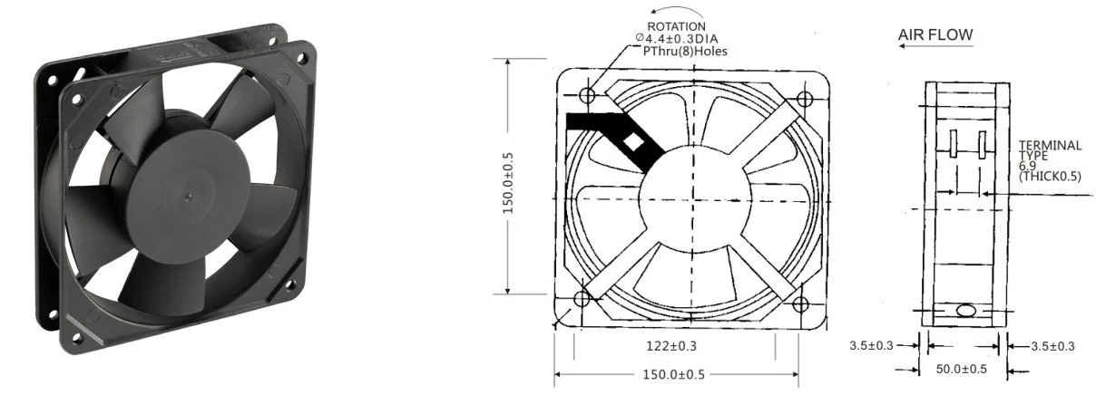 150 x 150 x 50 mm AC cooling fan with PBT housing — detail image